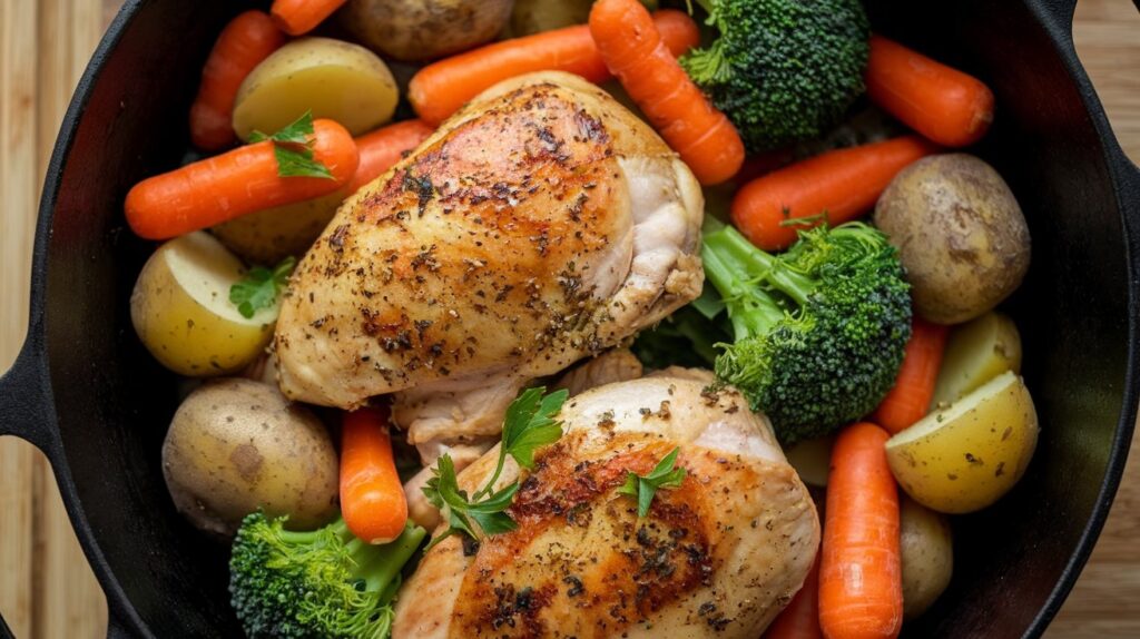 Close-up of garlic butter chicken with carrots, potatoes, and broccoli