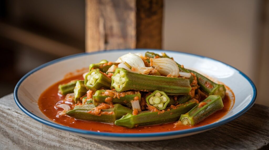 Okra stir-fry with onions and spices in a skillet