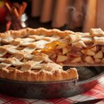 Homemade classic American apple pie with golden lattice crust, steam rising from a freshly cut slice revealing cinnamon-spiced apple filling