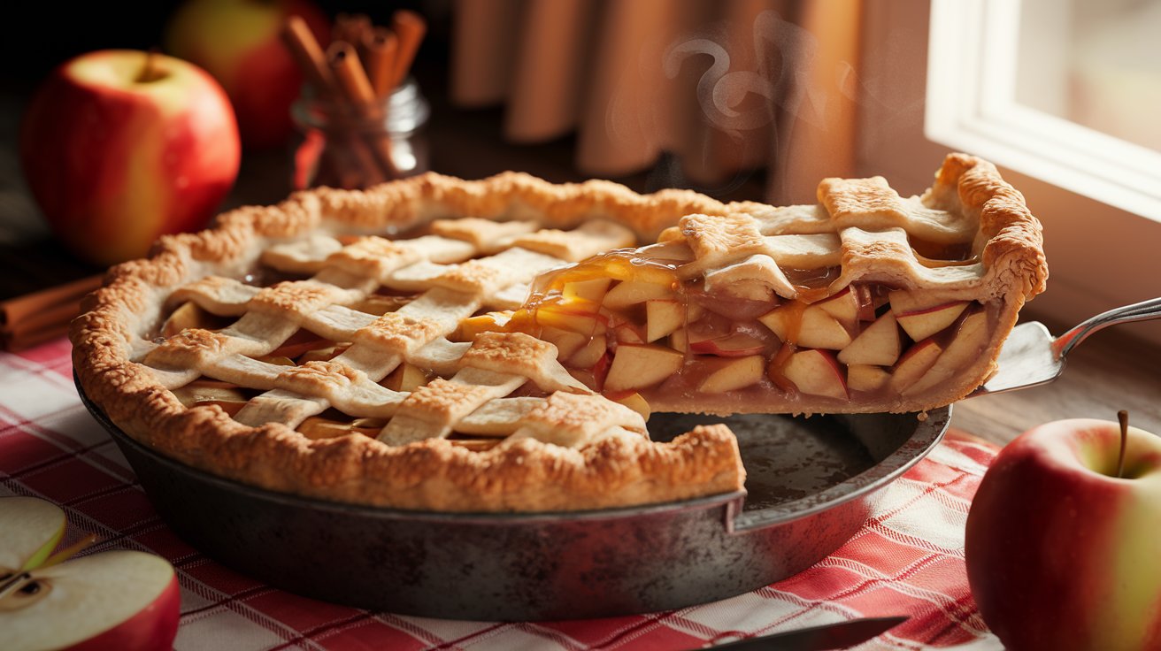 Homemade classic American apple pie with golden lattice crust, steam rising from a freshly cut slice revealing cinnamon-spiced apple filling