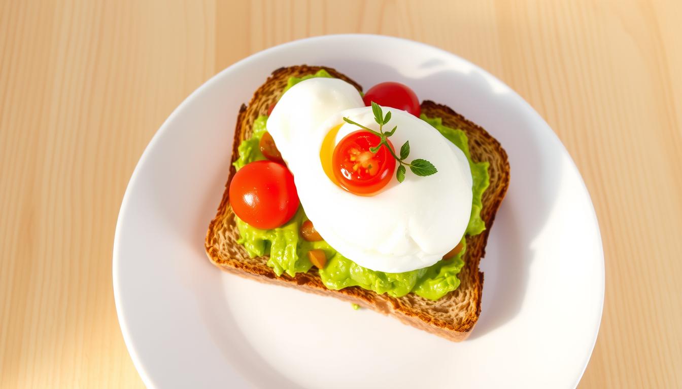 Avocado toast on whole grain bread with cherry tomatoes and a poached egg on top