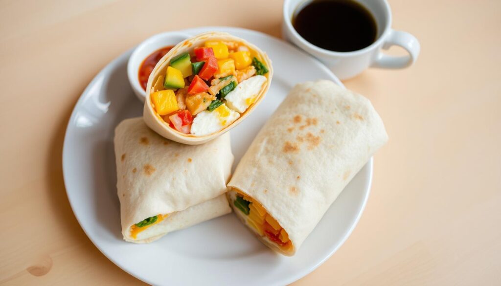 Customizable breakfast burritos with various fillings on a white plate