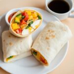 Customizable breakfast burritos with various fillings on a white plate