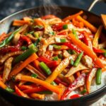 A colorful chicken stir-fry with vegetables over rice, garnished with sesame seeds and green onions.