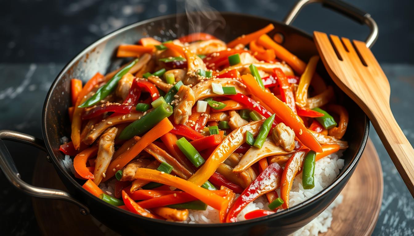 A colorful chicken stir-fry with vegetables over rice, garnished with sesame seeds and green onions.